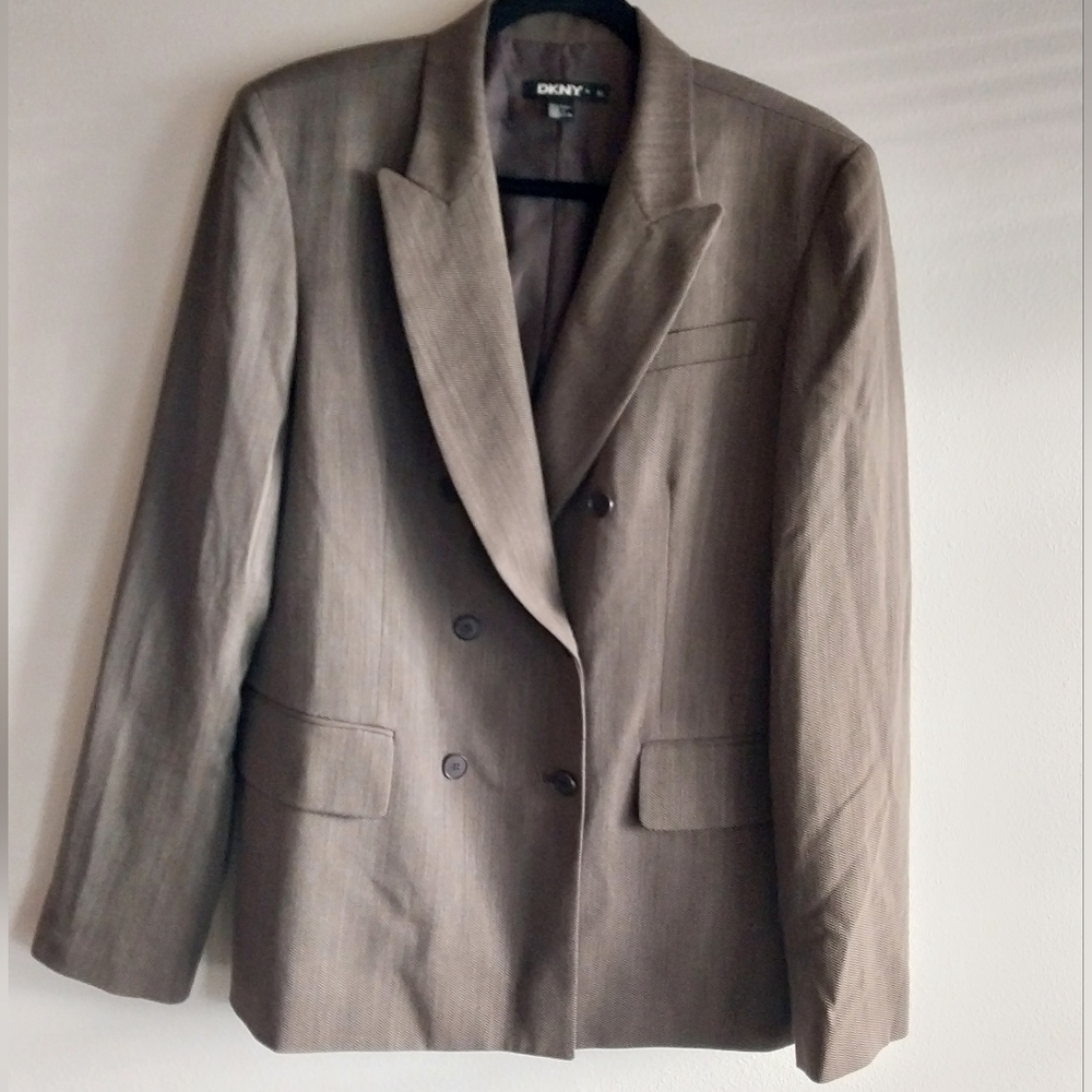 DKNY Vintage Brown & Cream Herringbone 100% Wool Blazer